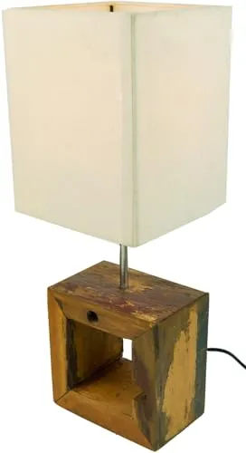 GURU SHOP Tischleuchte/Tischlampe, Handgemacht in Bali, Recyceltes Holz, Baumwolle - Modell Nakita, 46x16x16 cm