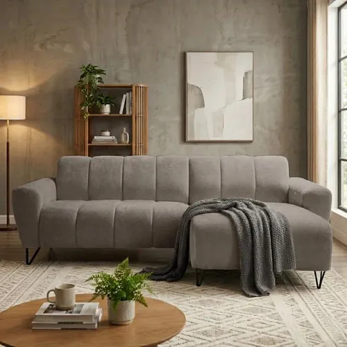 Ecksofa VOLARE MINI L-Form mit Ottomane rechts – Stilvolles Design in Beige - Modernes Ecksofa mit eleganten schwarzen Metallbeinen und hochwertigem Chenille-Stoff. Ideal für komfortable Wohnräume – optimal für den täglichen Gebrauch.