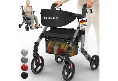 ELONEO Rollator 2in1 Rollator & Rollstuhl, Faltbar und Leicht, Outdoor-Gummireifen, mit Stiz & Netztasche