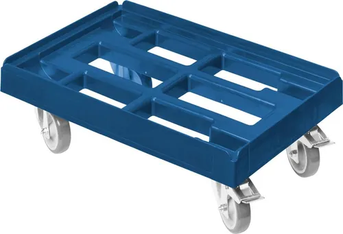 Transportroller Typ B-F 600 x 400 mm mit 2 Bremsen und 2 Lenkrollen – Blau - Wendiger Transportroller für Euronorm-Kisten 600×400 mm. Ideal für Lager und Catering: Mit 2 Lenkrollen und Bremsen für sichere Positionierung und einfache Handhabung. Tragfähigkeit bis 300 kg, lebensmittelgeeignet.
