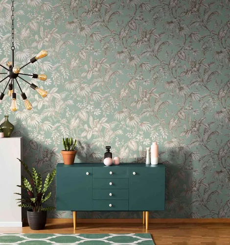 Vliestapete Palmen Farne Blätter Dschungel Grün Gold Metallic 82341 (3,47€/1qm)