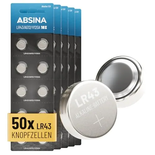 ABSINA 50x AG12 LR43 Batterien Knopfzellen - 1,5V Alkaline Knopfzellen LR43 auslaufsicher & mit Langer Haltbarkeit - LR 43/186 / LR1142 / L1142 / V12GA / GPA76 / RW84