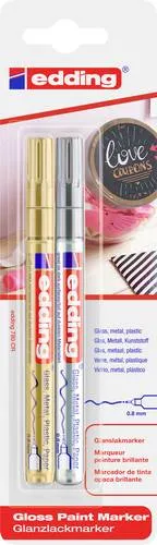 edding 780 Glanzlackmarker - 2er Pack in Gold und Silber, extra-feine Rundspitze 0,8 mm für kreative Projekte auf Glas, Holz und Kunststoff