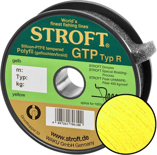 STROFT GTP Typ R Geflochtene Angelschnur 150m gelb - Angelschnur mit extrem feiner UHMWPE-Faser für optimale Wurfweite und reduzierten Luftwiderstand. Ideal für professionelle Angler, die höchste Präzision verlangen.