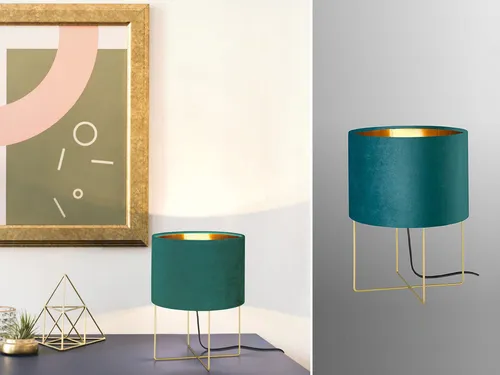 Tischlampe mit Samt Lampenschirm Türkis & Gold Ø24cm - Retro Nachttischlampe - Klassische Tischleuchten mit modernem Design, warmem Licht und Switch Dimmer Funktion für individuelle Helligkeitseinstellungen. Ideal für Schlafzimmer, Wohnzimmer oder als dekorative Akzentbeleuchtung.