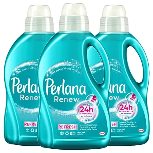 Perlana Renew Refresh Flüssigwaschmittel für Misch- und Synthetik-Textilien für Waschmaschine und Handwäsche, gegen schlechte Gerüche, langanhaltende Frische, 3 Flaschen à 1,44 Liter