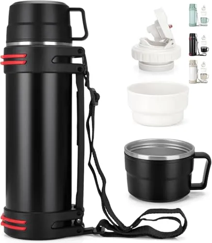 Thermosflasche 1,5L, Thermoskanne mit 2 Becher, Doppelwand aus Edelstahl Isolierflasche, Auslaufsicher Groß Thermoskanne Camping Oder Wandern mit Robuster Griff & Tragegurt, 18h heiß/24h kalt Schwarz
