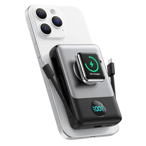 Magnetische Power Bank mit Ladekabel für MagSafe, 10800mAh Wireless PowerBank mit i-Watch Ladegerät, QC4.0+PD 25W Schnelles Laden mit LED Display Externer Akkus für Apple Watch/iPhone 17/16/15/14/13