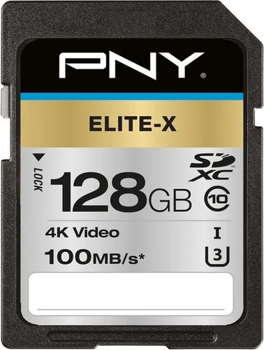 PNY Elite-X SDXC-Karte 128 GB, Class 10 UHS-I U3 - Hohe Lesegeschwindigkeit von bis zu 100 MB/s. Perfekt für DSLR-Kameras und 4K-Camcorder, um Ihre Aufnahmen schnell zu speichern und abzurufen.