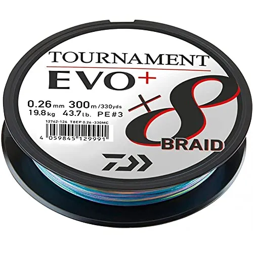 Daiwa Tournament x8 Braid EVO+ 0.26mm, 19.8kg/43.7Lbs, 300m, Mehrfarbig, Geflochtene Angelschnur, 12762-126