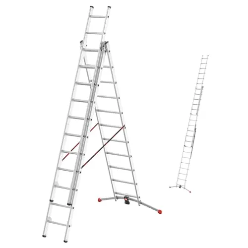 Hailo Leiter HobbyLOT 3-teilige Alu-Kombileiter - Leitern mit LOT-System für sicheren Stand auf unebenen Böden, ausziehbar bis 150kg belastbar, ideal für Innen- und Außenarbeiten.
