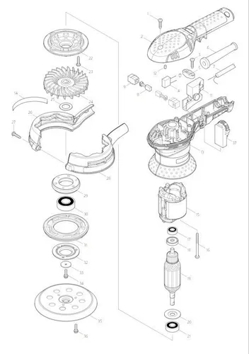 Makita BO5041 Exzenterschleifer 125 mm - leistungsstarker 2-Hand-Schleifer, mit elektronischer Drehzahlvorwahl und drehbarem Zusatzgriff für präzises Schleifen und Polieren