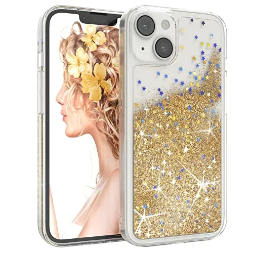 EAZY CASE Hülle kompatibel mit iPhone 14 Schutzhülle mit Flüssig-Glitzer, Handyhülle, Schutzhülle, Back Cover mit Glitter Flüssigkeit, TPU/Silikon, Transparent/Durchsichtig, Gold