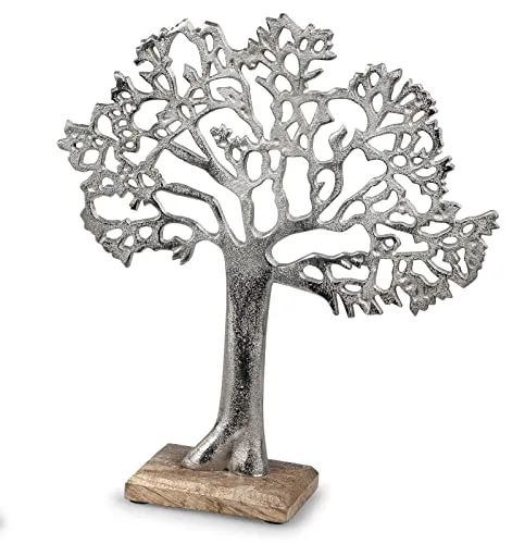 Deko Lebensbaum aus Alu und Mango Holz - 34 cm Aufsteller - Sammlerfiguren mit einzigartiger Kombination aus Aluminium und Mangoholz, perfekt zur Verschönerung Ihres Zuhauses. Höhe ca. 34 cm, in stilvollem Silber und Braun.