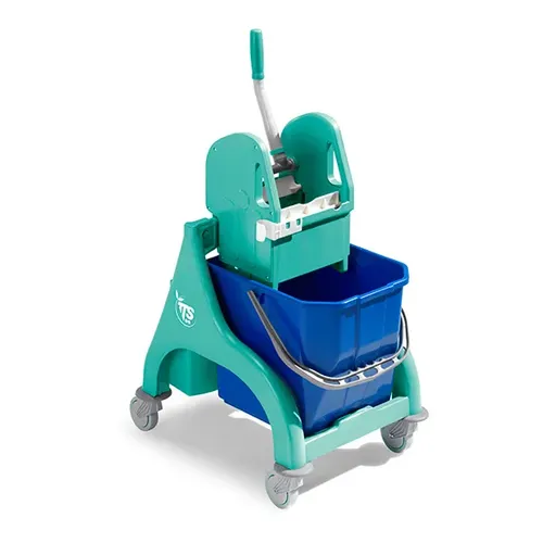 TTS Nick 15 L Reinigungswagen mit Rollen - Robuster Putzwagen mit 15 L Eimer und mobiler Tec-grey Mop Presse. Ideal für effiziente Reinigung dank 80 mm Rollen und zusätzlichem Stauraum für Zubehör.