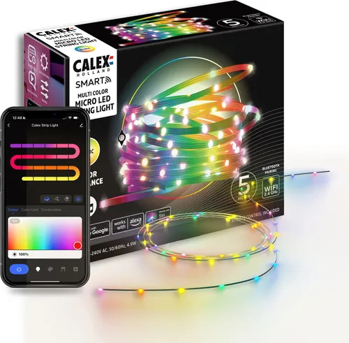 Calex Smart Micro LED Streifen 5 m, RGBIC-Farben, extra schmal, dimmbar, WLAN App- & Sprachsteuerung, inkl. Fernbedienung