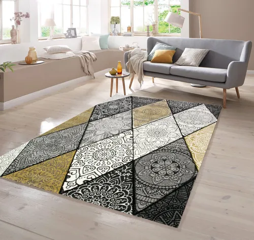 TeppichHome24 Rauten-Teppich in Grau, Senfgelb & Creme – Rechteckig - Modern gestalteter Teppich mit grafischen Ornamenten für stilvolle Akzente in jedem Raum. Strapazierfähig, schmutzabweisend und pflegeleicht – ideal für den täglichen Einsatz.