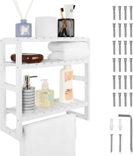 Belle Vous 3-stöckiges Weißes Wandregal aus Holz - Schweberegal für vielseitige Aufbewahrung, ideal für Bad, Küche oder Wohnzimmer; robust und stabil mit Handtuchhalter – schafft Ordnung und Stil in Ihrem Zuhause.