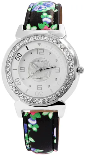 Excellanc Damenuhr Lünette mit Strass Armband mit Blumenmuster Armbanduhr SE84
