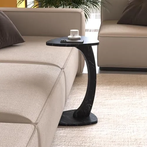 [en.casa] Beistelltisch Klinerg Couchtisch Sofatisch auf Rollen Laptoptisch C-Form Wohnzimmertisch Reuleaux-Dreieck Tischplatte 40 x 37 x 56 cm Abstelltisch Marmoroptik in Schwarz