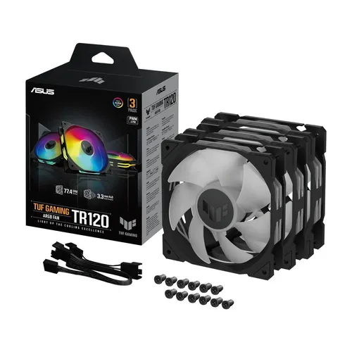 ASUS TUF Gaming TR120 ARGB - 120mm PWM Gehäuselüfter 3er Pack, hohe Kühlleistung mit 2000 rpm und 16 RGB-LEDs für individuelle Beleuchtung