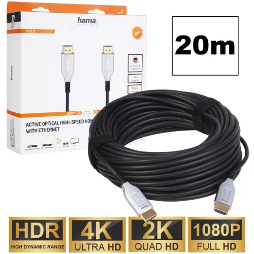Hama 20m HDMI-Kabel - Optisches Anschlusskabel für 4K & 3D - HiFi-Kabel mit 20m Länge für hochauflösende Übertragung. Ideal für UHD TVs und Konsolen, bietet eine brillante Bildqualität dank optischer Technologie.