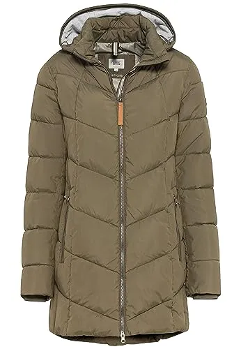 camel active Steppmantel mit abnehmbarer Kapuze in Oliv, Größe 46 - Damen-Mäntel mit klassischem Design, bietet Bewegungsfreiheit und Flexibilität dank abnehmbarer Kapuze, ideal für kühle Tage.