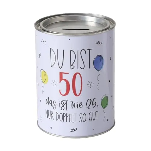 Spardose Sparschwein Schriftzug Du bist 50, das ist wie 25, Nur doppelt so gut! - Deckel abnehmbar - Metall Sparbüchse Geldgeschenk Geschenkidee Geldspardose Metallspardose 14 x 10 cm
