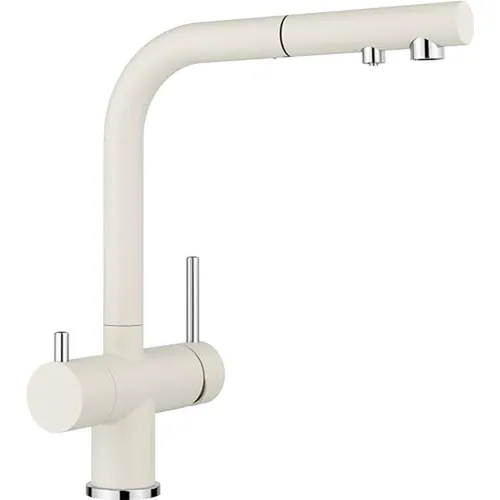 BLANCO FONTAS-S II Filter | Hochdruck Küchenarmatur in Softweiß mit herausziehbarem Schlauch - 3-in-1 Küchenarmatur für gefiltertes und ungefiltertes Wasser; hygienische Trennung der Wasserführung für gesicherte Wasserqualität und maximalen Komfort.
