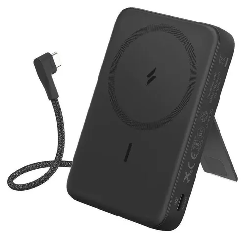 ANKER Wireless Powerbank Zolo mit integriertem USB-C-Kabel, 10000mAh, Black - Powerbank mit 10000mAh, ideal für iPhone 15, ermöglicht zweimal voll aufladen und bietet kabelloses Laden sowie einen einstellbaren Ständer für besten Bildschirmblick.