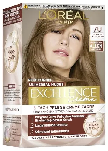 L'Oréal Paris Permanente Haarfarbe für jeden Hautton, Coloration ohne Ammoniak, Universale Nude-Töne mit vollständiger Grauhaarabdeckung, Excellence Creme, Nr. 7U Mittelblond (Blond), 1 Stück
