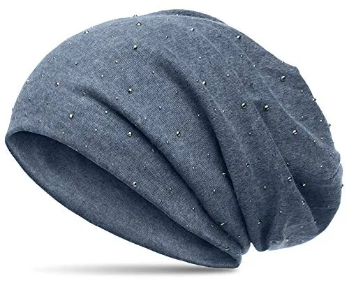 Caspar MU137 Beanie Mütze mit Strass und warmem Flanell Stoff, Größe:One Size, Farbe:jeansblau (meliert)