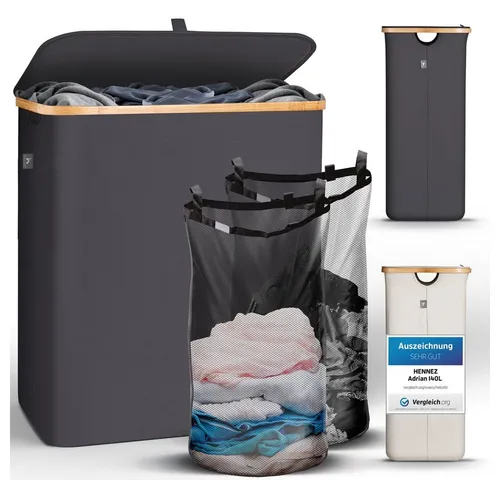 HENNEZ Wäschekorb mit Deckel 140L - 2 Fächer in Grau - Wäschekorb mit 2 Fächern für einfache Wäschesortierung, waschbarer Wäschesack und modernes Design - ideal für ein stylisches Zuhause.