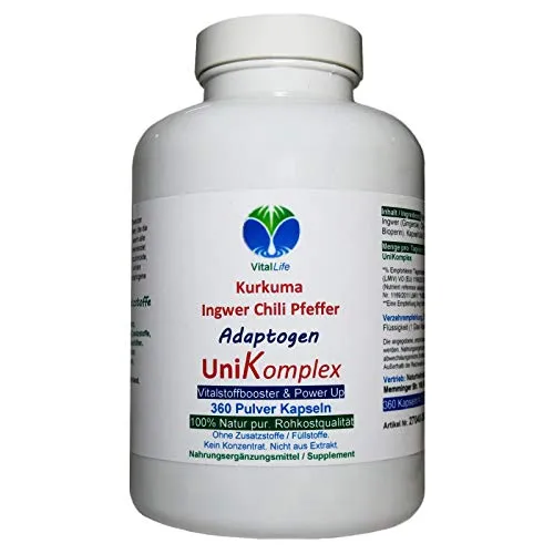 KURKUMA + INGWER + CHILI + PFEFFER - Piperin & Curcumin - UniKomplex - 360 Pulver Kapseln - Natur pur - OHNE ZUSATZSTOFFE. 27040-360