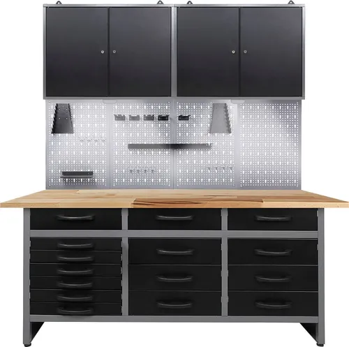 ONDIS24 Werkstatt-Set 160 cm mit LED - Werkstatteinrichtung mit 15 Schubladen und 4 Türen, abschließbar und robust bis 500 kg, ideal für Hobbywerkstätten. Inklusive verstellbarer Füße und LED-Beleuchtung für optimale Sicht.