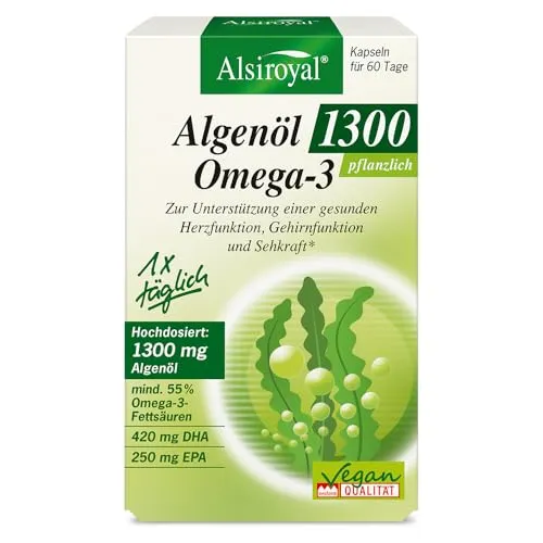 Alsiroyal Algenöl 1300 – Veganes Omega-3 Öl mit DHA & EPA für Herz und Gehirn - Omega-3 Öl: Hochdosiertes Algenöl mit 1300 mg pro Kapsel, unterstützt Herz, Gehirnfunktion und Sehkraft – 100% vegan und nachhaltig.