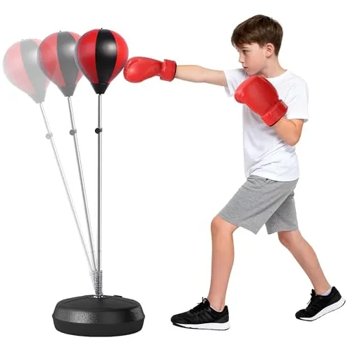 HOMCOM Punchingball Set - Höhenverstellbarer Standbox Trainer mit Handschuhen und Pumpe - Punchingbälle: Sofort startklar mit hochwertigem Punchingball aus strapazierfähigem Kunstleder und gefederter Metallstange für optimales Training. Höhenverstellbar in 4 Stufen für alle Körpergrößen!