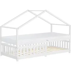 ML-Design Kinderbett Hausbett 90x200 cm Weiß mit Matratze - Betten für Kinder: Stilvolles Hausbett aus massivem Kiefernholz mit abnehmbarer, hypoallergener Kaltschaummatratze für optimalen Schlafkomfort und kreatives Spielen.