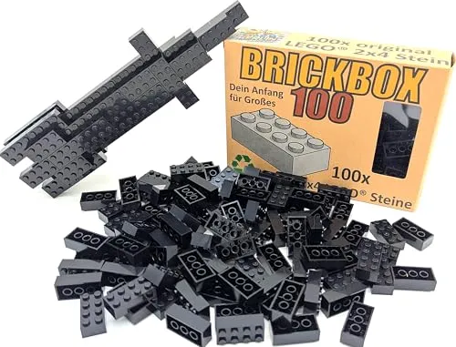 BerlinBrick Brickbox 100 – 2x4 original Bausteine im Karton – 100 Stück Einzelsteine für Lego® - Geschenkidee für Kinder ab 4 – Schwarz (#3001) – Nachfüllbox mit 100 Basic Bausteinen