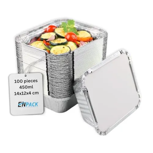 Enpack Aluschale R28L-450L - 100 Stück Aluminiumschalen mit Deckel - Aluminium Menüschale - eckige Alu Form mit 450ml - Aluschalen Take away - Grillschalen - Einwegverpackungen - Einmalbehälter