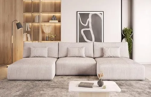 Sofa mit Schlaffunktion und Bettkasten - Modular Wohnlandschaft U-Form - MODULO U - Bequem Schlafsofa - Big Sofa mit Kopfkissen - Modern Couch 315x152x80 cm - Creme - Poso 100 - MODERNO