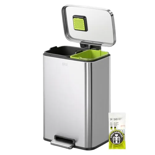 EKO Madison Küchenmülleimer 25 + 20 L mit Geruchsfach, 2-fach Mülltrennung mit pflegeleichten Inneneimern, langlebiger Treteimer aus fingerabdruckfreiem Edelstahl, Soft-Close Deckel