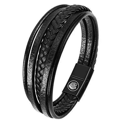 Casisto.J Lederarmband Herren Armband Herren Männer Leder Edelstahl Gravur Schwarz Braun Geflochten mit Magnet Verschluss