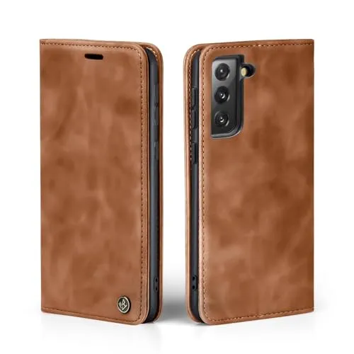LBH Handyhülle für Samsung Galaxy S22 in Hellbraun mit Karten- und Geldfach Smartphone Hülle mit Standfunktion Flip Case Schutzhülle Magnetverschluss Vintage