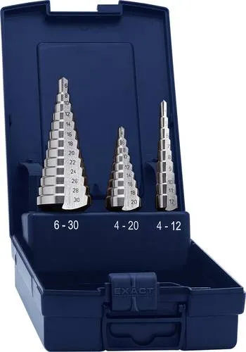Eventus Stufenbohrer Set 15332, HSS-Stahl, 4 - 30 mm Ø - 3-teiliges Stufenbohrer Set aus HSS-Stahl mit Dreiflächenschaft für festen Halt. Ideal zum Anbohren, Aufbohren und Entgraten in einem Arbeitsgang für Metall, Holz und Kunststoff.