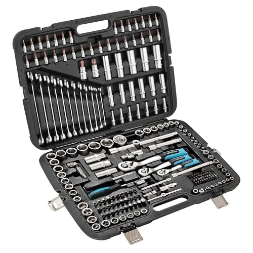 Cecotec Werkzeugkoffer ToolBox KRK 6200. 216-tlg., 3 Ratschen 72 Zähne (5°), CR-V Stecknüsse inkl. Radmuttern, 2 Schraubendreher mit Wechselspitze, S2 Bits, 12 Maulschlüssel, Koffer mit 4 Schnallen