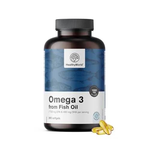 HealthyWorld® Omega-3 aus Fischöl – 1000 mg pro Kapsel – XXL-Vorrat – 365 leicht schluckbare Weichkapseln – 18 % EPA, 12 % DHA – Zur Unterstützung von Herz und Gehirn – Hochkonzentriert