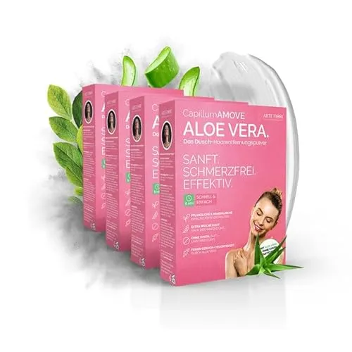 Capillum AMOVE Aloe Vera 4x300g Premium Enthaarungscreme Intimbereich Frau - sanftes Enthaarungspulver Frauen schmerzfreie Dusch-Intim Enthaarungscreme Frauen ohne Zusatzstoffe mit neutralem Geruch