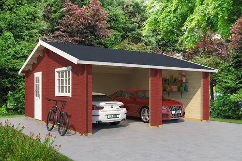Lasita Garage Satteldach 44 mm Falkland ohne Tor rot 595x595 cm - Robuste Holzgarage mit 32,1 m² Nutzfläche und abschließbarem Doppelfenster, ideal für die sichere Unterbringung von Fahrzeugen und Gartenwerkzeugen.