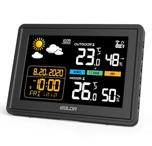 Konsen Wetterstation funk mit Außensensor DCF Funkuhr, Farbdisplay mit großen Zahlen von Innen und Außentemperatur, dauerhafte Beleuchtung, Wettervorhersage, Luftdurckanzeige